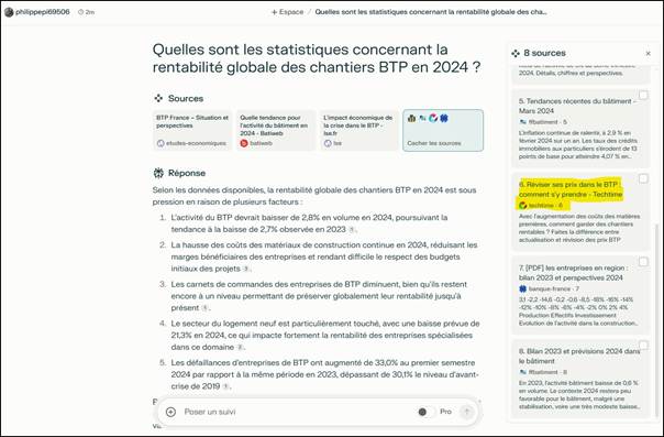 L'apparition du client Techtime dans les sources du moteur génératif Perplexity. Les moteurs génératifs vont prendre de plus en plus d'influence dans le référencement naturel